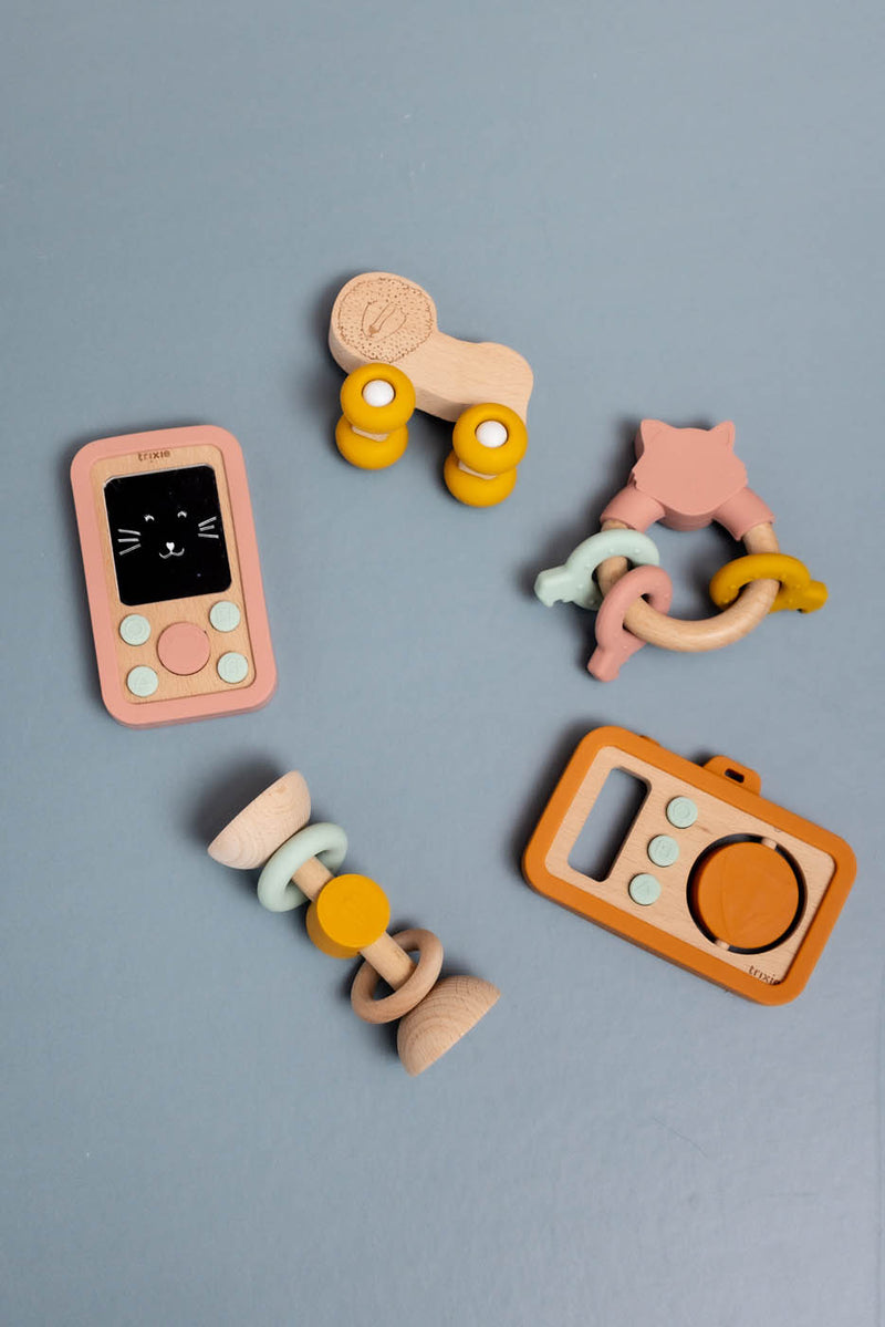 Wooden silicone baby phone - Mrs. Cat - FSC 100%