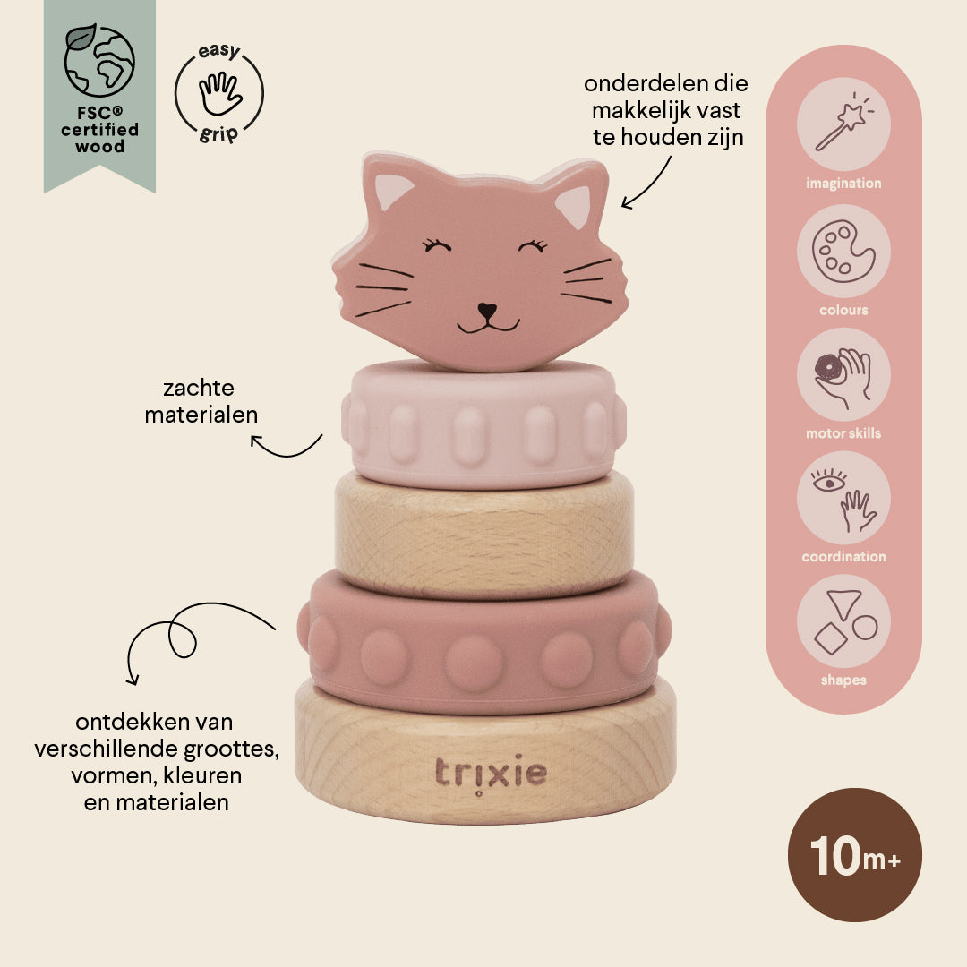 Wooden silicone stacking tower - Mrs. Cat - FSC 100%
