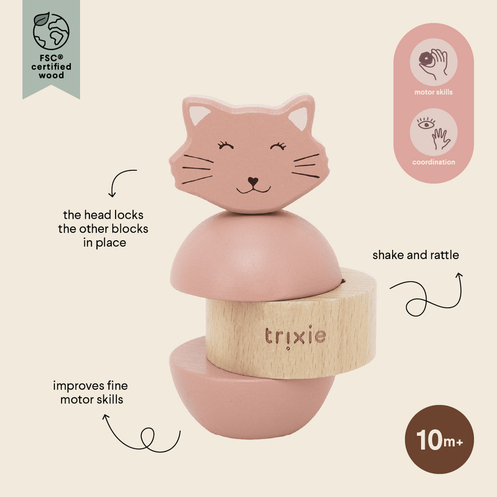 Juguete apilable con sonajero de madera - Mrs. Cat