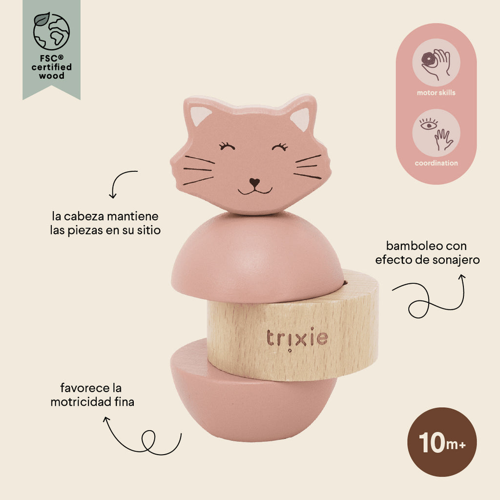 Juguete apilable con sonajero de madera - Mrs. Cat