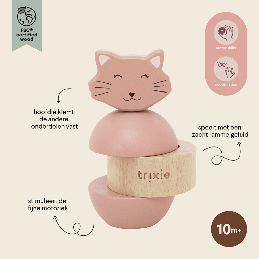 Juguete apilable con sonajero de madera - Mrs. Cat