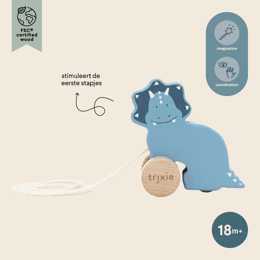Wooden small pull along toy - Mr. Triceratops - FSC 100%