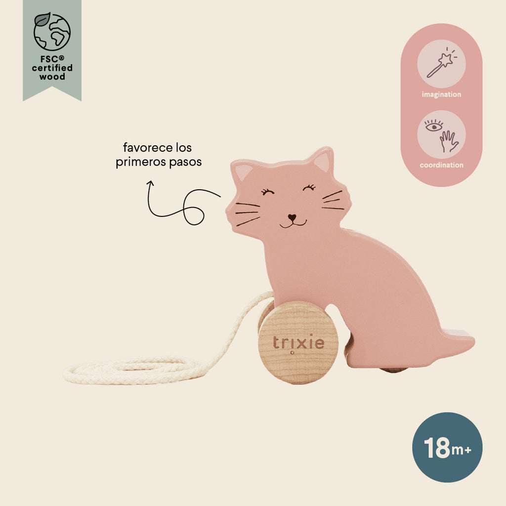 Wooden small pull along toy - Mrs. Cat - FSC 100%
