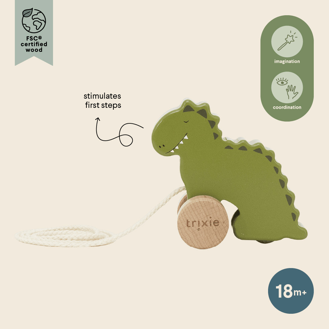 Wooden small pull along toy - Mr. Dino - FSC 100%