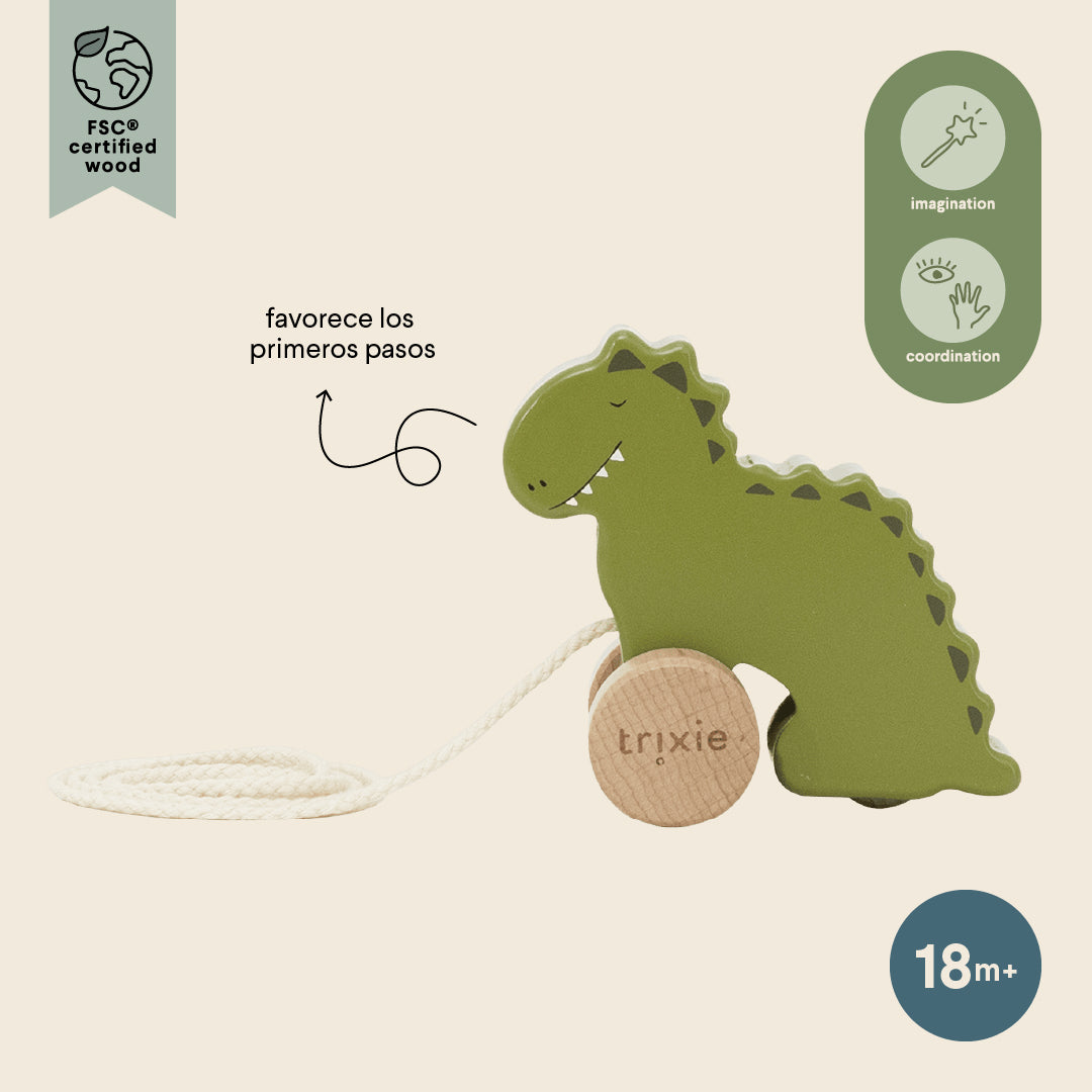 Wooden small pull along toy - Mr. Dino - FSC 100%