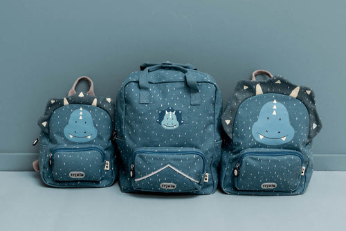 Trixie backpacks Mr. Triceratops 